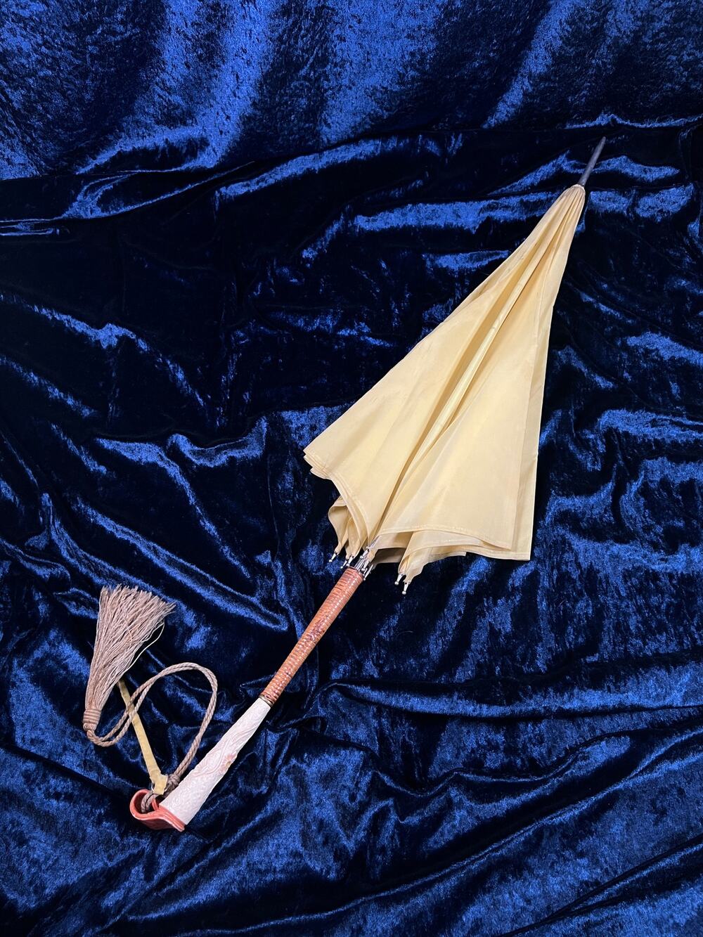 Vintage Yellow Nylon Parasol - Sculpted Handle Tassel Folding Sun Umbrella